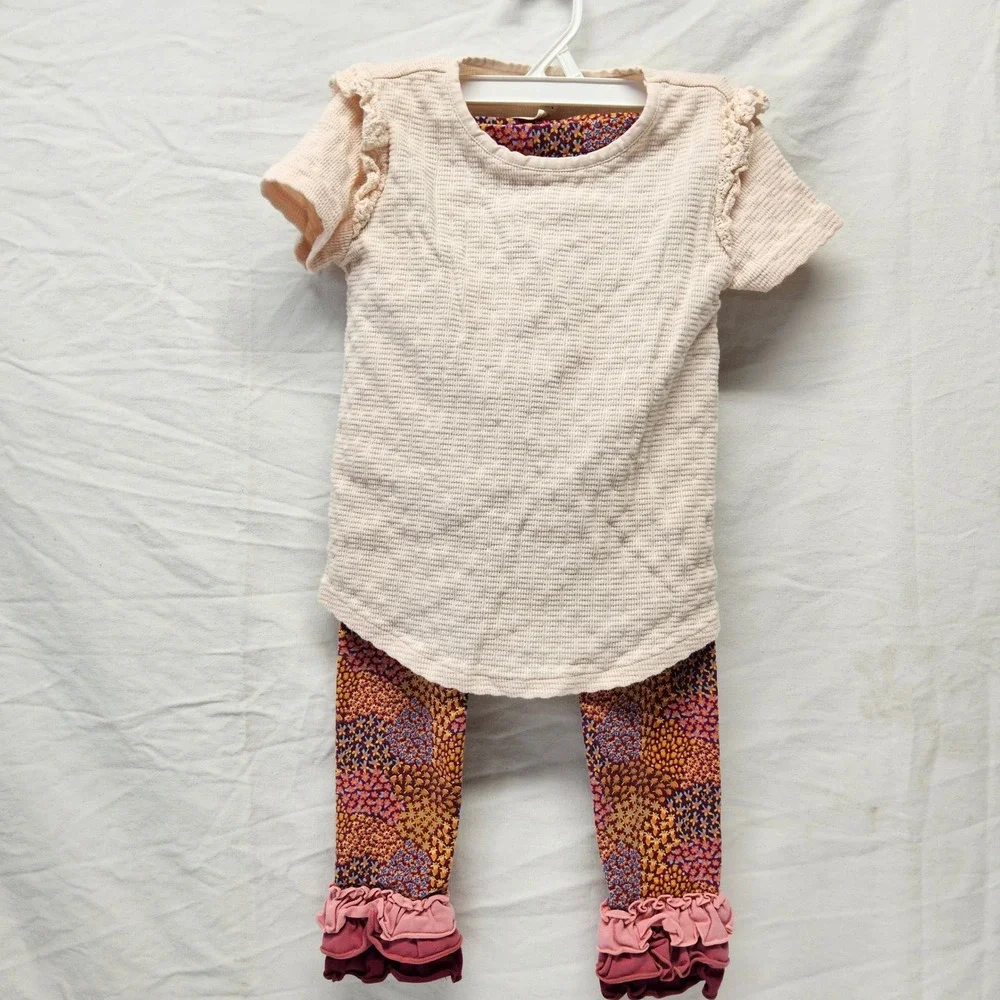 Matilda Jane Top and Leggings Set‎ Kids Size 6 Pink Floral Waffle Knit Ruffles